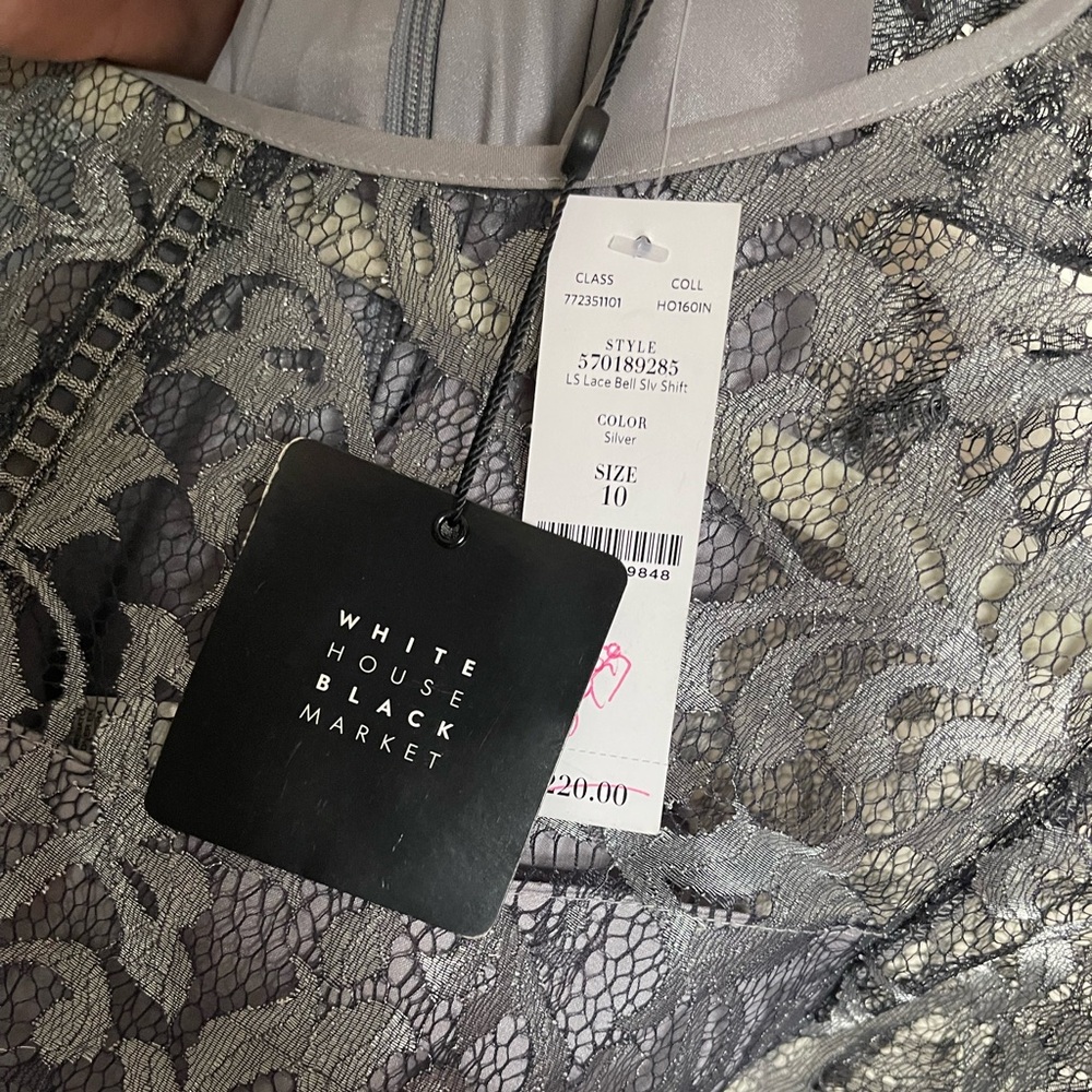 NWT! WHBM Silver Lace Bell Sleeve Shift Dress - Picture 11 of 13